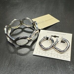 JCP NWT Bold Elements Silver Bracelet and Worthington Earrings Set Luxe Jewelry